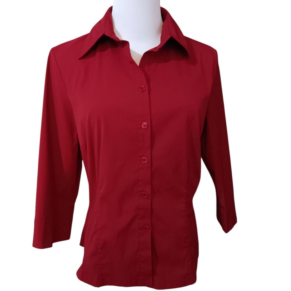 FRED DAVID Stretch Button Front Shirt Blouse Top S Darts‎ Red 3/4 Sleeves Career